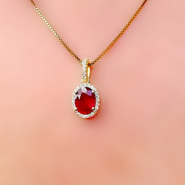 Genuine Ruby Gold Vermeil Oval Halo Pendant