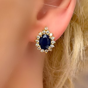 Genuine Blue Sapphire Diana Halo 18 carat Gold Vermeil Silver Earrings