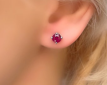 Genuine Ruby 5 mm Round Solitaire Silver Stud Earrings