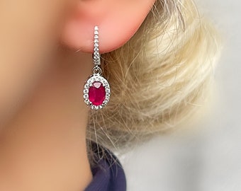 Genuine Ruby Oval Halo Dangle Drop Silver Earrings