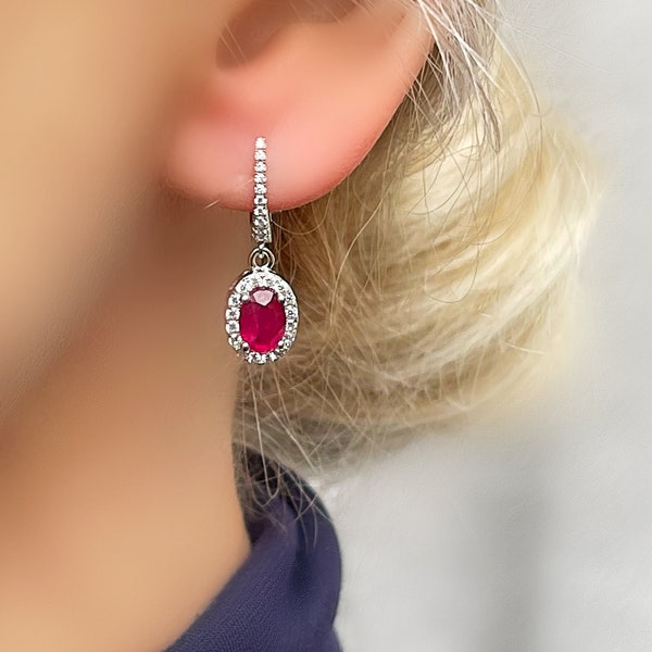 Genuine Ruby Oval Halo Dangle Drop Silver Earrings