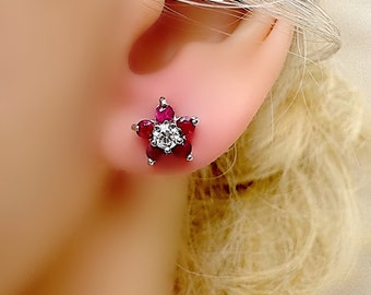 Genuine Ruby Flower Stud Earrings