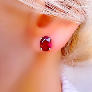 Oval Natural Ruby Stud Earrings, Sterling Silver Solitaire, July Birthstone
