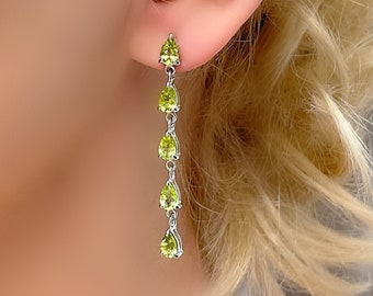 Genuine Peridot Teardrop Dangle Drop Silver Earrings