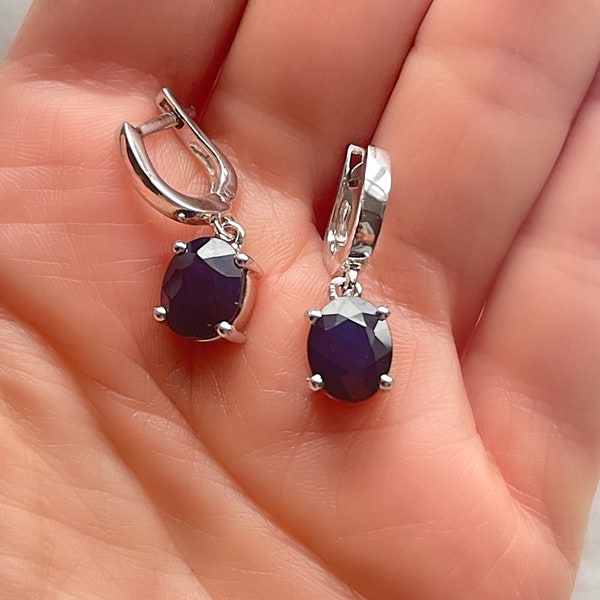 Genuine Sapphire Solitaire Oval Silver Dangle Drop Earrings