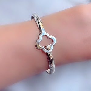 Sterling Silver 925 Four Leaf Clover Bangle Cuff Bracelet