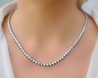 Genuine White Topaz Heart Shaped Tennis Style Silver Necklace