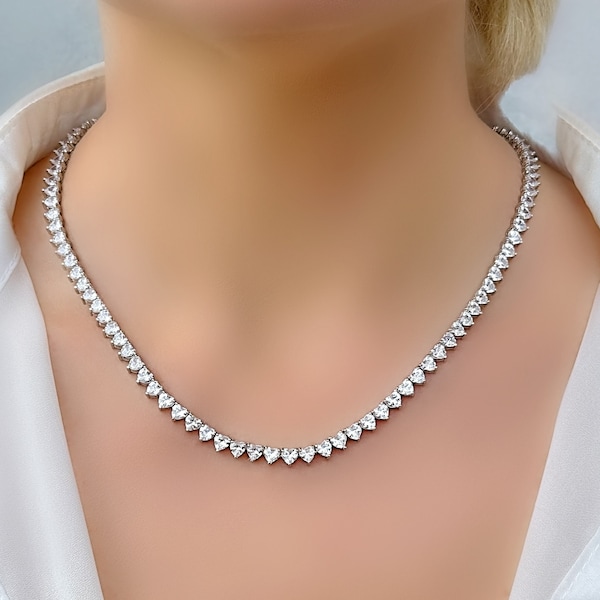 Genuine White Topaz Heart Shaped Tennis Style Silver Necklace