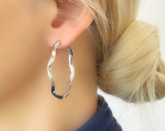 [ハンソヒ着用] [silver925] savage hoop earring Sterling Silver 925 Wavy Large Hoop Earrings - Etsy