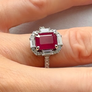 Genuine Ruby Emerald Cut Halo Octagon Silver Ring