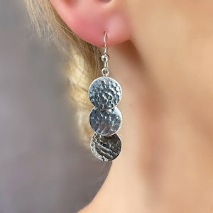 Sterling Silver 925 Hammered Triple Coin Dangle Drop