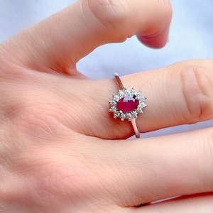 Genuine Ruby and White Topaz Halo Silver Ring
