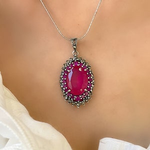 Genuine Large Ruby Art Deco Pendant Silver Necklace
