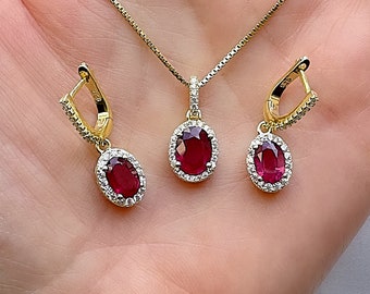 Genuine Ruby Gold Vermeil Set Silver Drop Earrings and Pendant