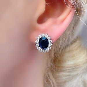 Genuine Sapphire Earrings Halo Oval Diana Style Medium Silver Stud Earrings