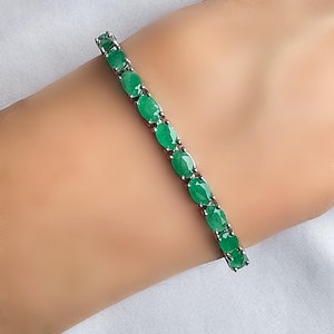 Natural Emerald 6x4 mm Oval Tennis Silver Bracelet