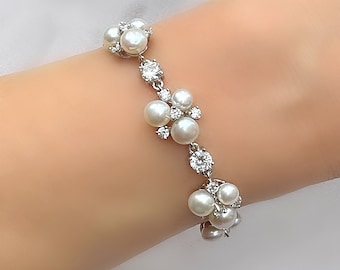 Natural Pearl White Cluster Floral Silver Bracelet