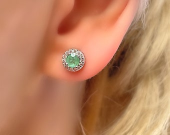 Genuine Emerald 7mm Halo Round Silver Stud Earrings