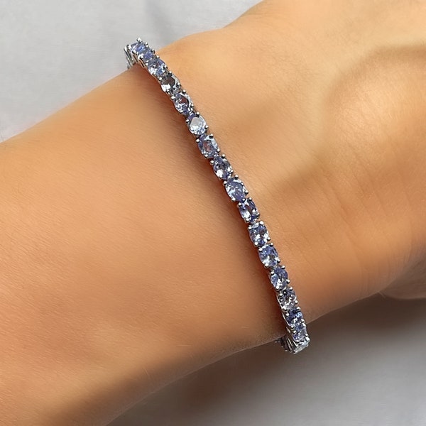 Genuine Tanzanite Oval Adjustable Silver Slider Bracelet