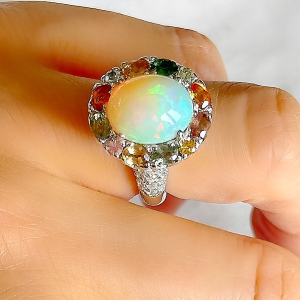 Genuine Ethiopian Fire Opal & Multi Rainbow Sapphire Large Silver Cocktail Ring