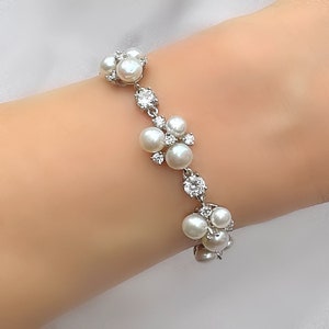 Natural Pearl White Cluster Floral Silver Bracelet