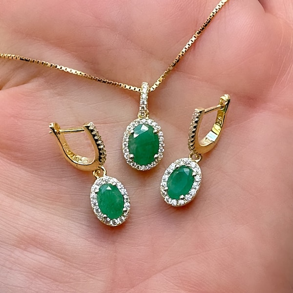 Natural Emerald Halo Gold Vermeil Set Pendant and Drop Earrings