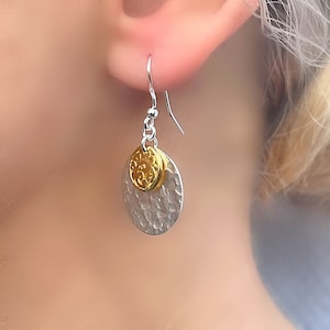 Sterling Silver Two Tone Hammered Disc Coin Dangle Drop Earrings