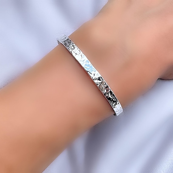 Sterling Silver Hammered Motif Bangle Bracelet - Etsy
