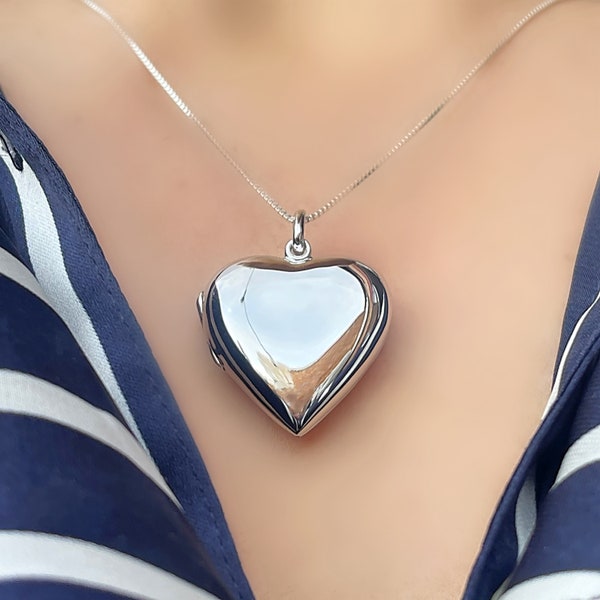 Polished Sterling Silver Large Heart Keepsake Locket Pendant Necklace