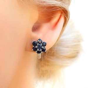 Genuine Blue Sapphire Cluster Flower Silver Stud Earrings