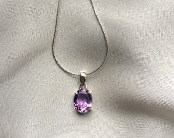Genuine Amethyst Oval Silver Pendant Necklace- February Birthday