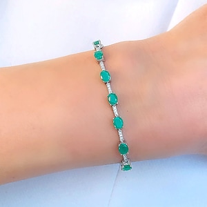 Genuine Emerald & Topaz Tennis Link Silver Bracelet