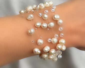 Natural Freshwater Baroque Pearl & Crystal Floating Pearl Bracelet
