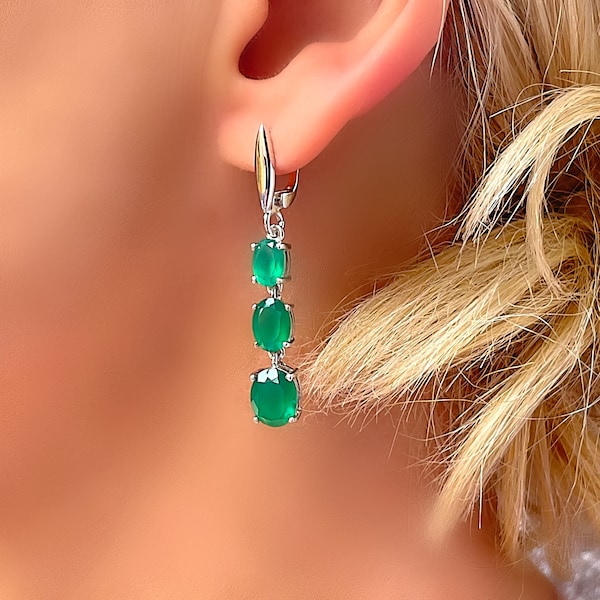 Genuine Emerald Three Stone Drop Silver Earrings