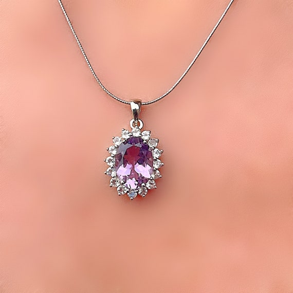 Natural Amethyst Halo Oval Silver Pendant Necklace - Etsy