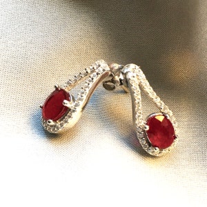 Genuine Ruby Cut Out Silver Long Stud Earrings