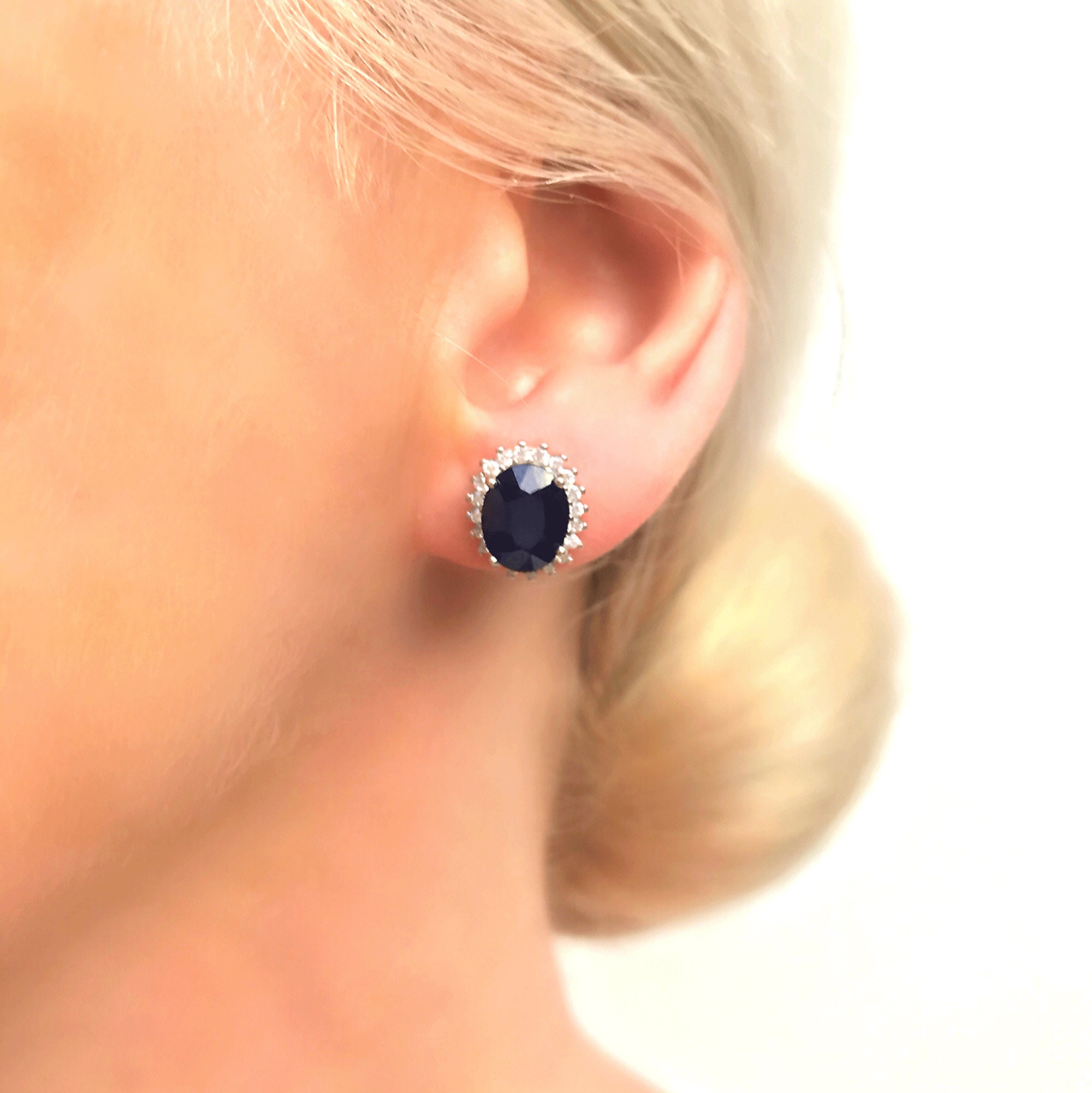 Blue Sapphire Halo Moissanite Earrings September Birthstone Earrings Tiny Genuine Oval Sapphire Studs Earrings Halo Earrings Bridal Earrings