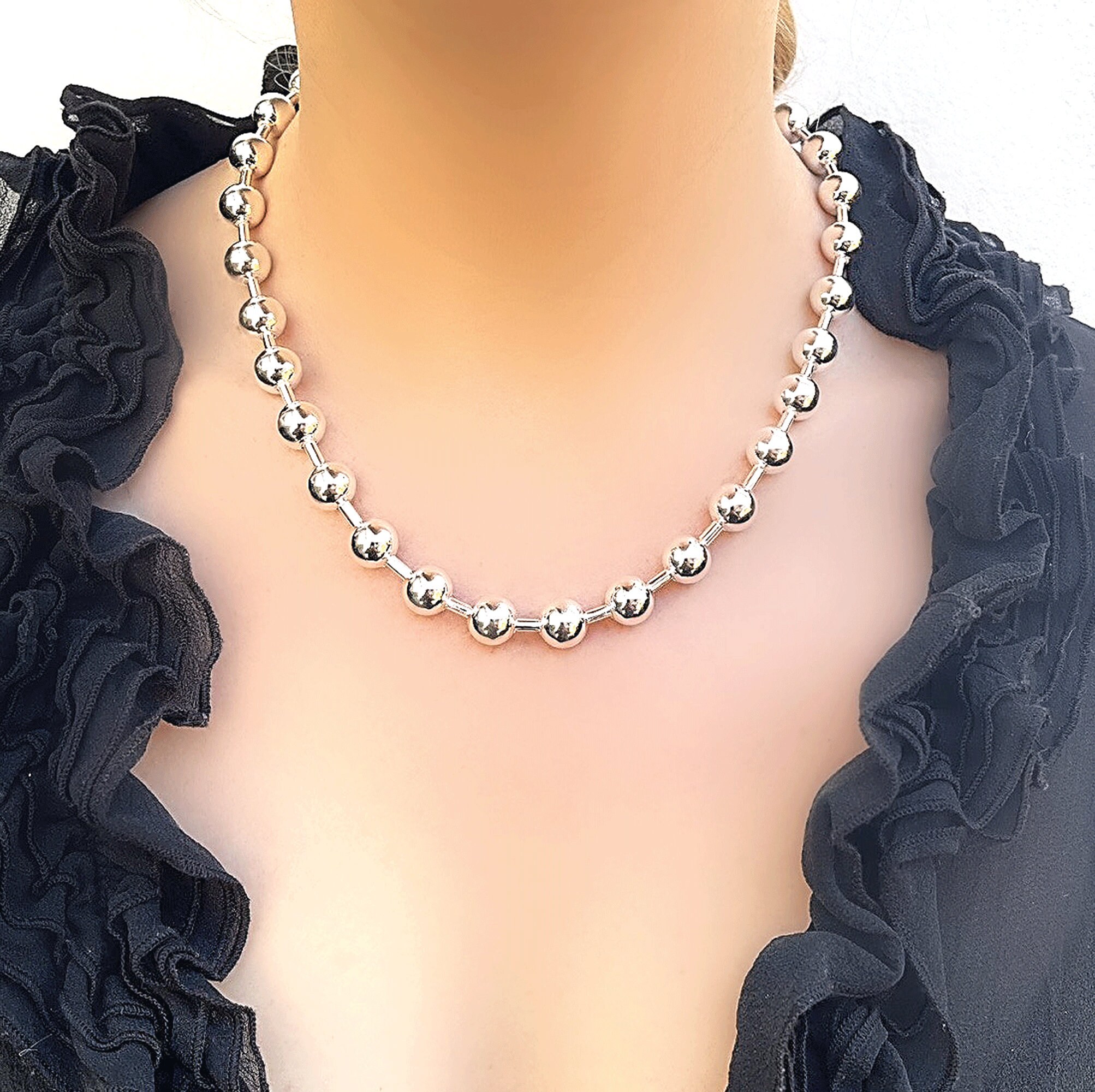 Solid Sterling Silver 925 Ball Large Bead and Link Necklace Etsy UK