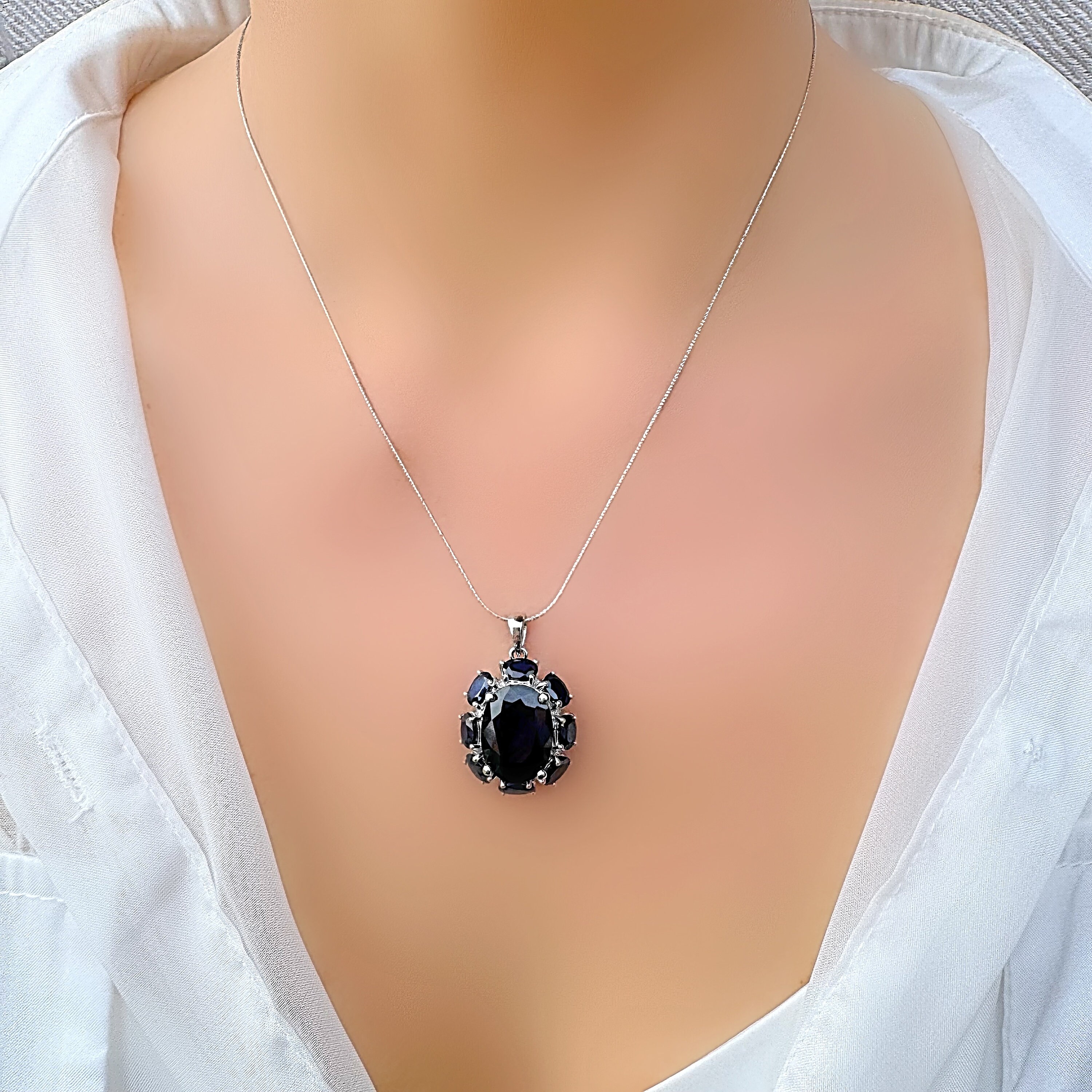 BIGフローラルPendant Silver925 Genuine Sapphire Large Oval Floral Silver Pendant Necklace - Etsy