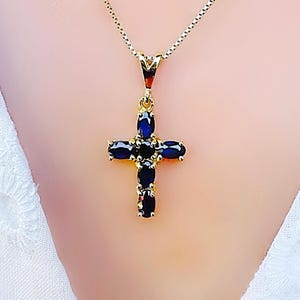 Genuine Blue Sapphire Vatican Holy Cross Gold Vermeil on Silver Pendant Necklace