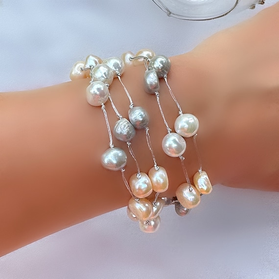 Baroque Pearl Multi Strand Bracelet: Sterling Silver Clasp