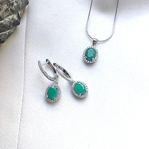 Genuine Natural Emerald Cut Out Halo Silver Set Pendant and Drop Earrings