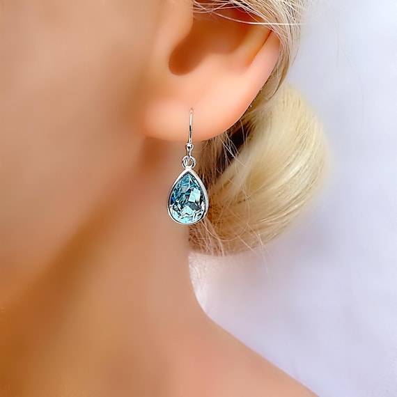 Sterling Silver Swarovski Crystal Aquamarine Blue Dangle Drop