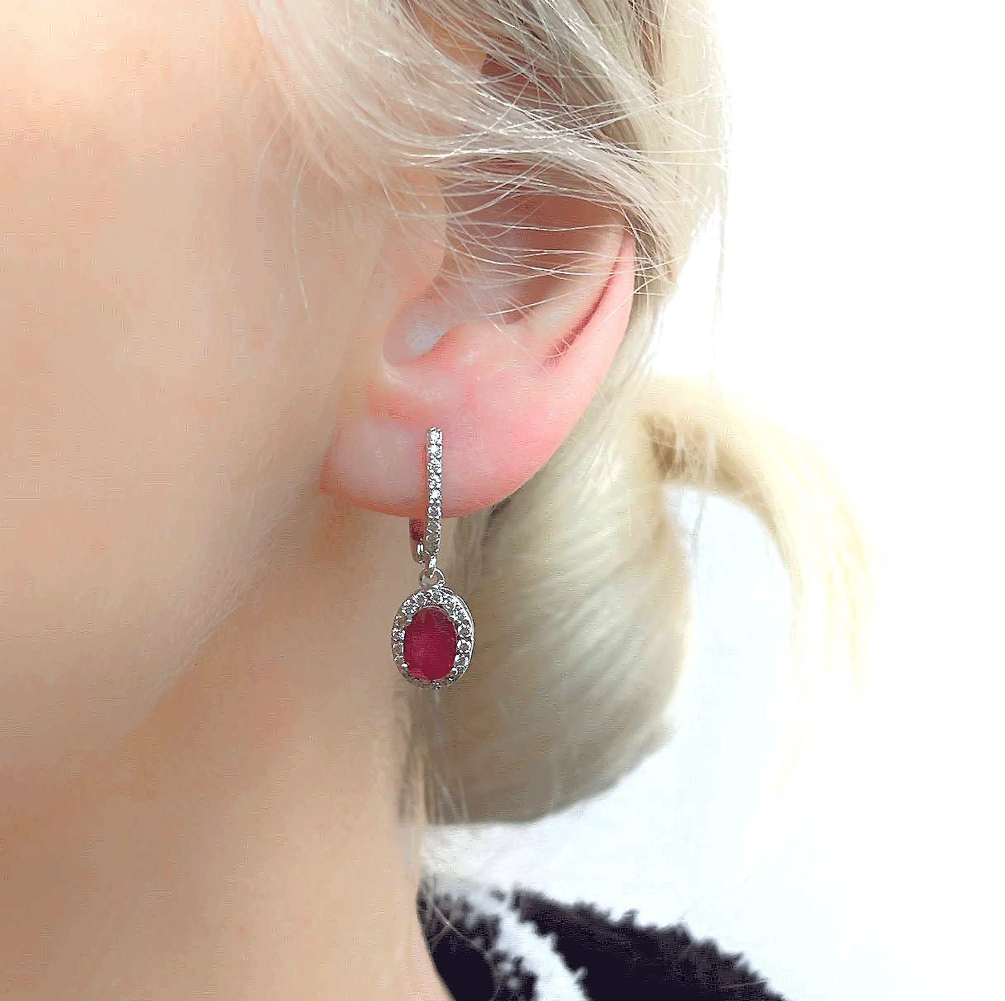 Genuine Ruby Oval Halo Dangle Drop Silver Earrings Etsy