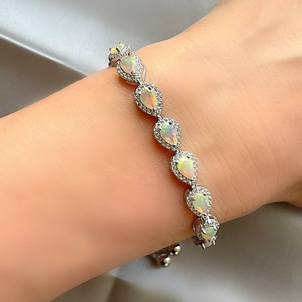 •AUSTRALIAN OPAL TEARDROPS• multi-stone + silver bracelet (6.5