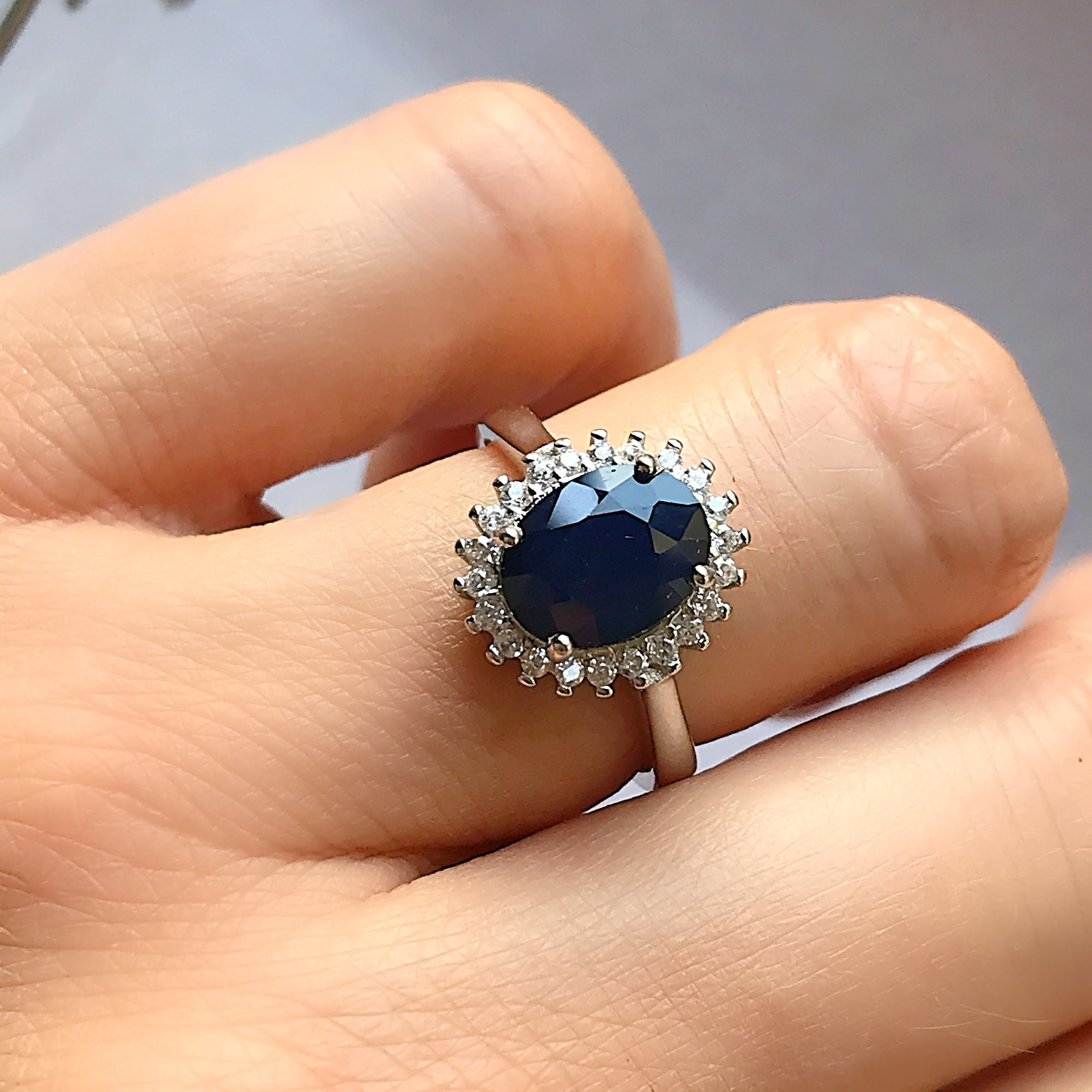 Genuine Sapphire Halo Oval Diana Cocktail Silver Ring