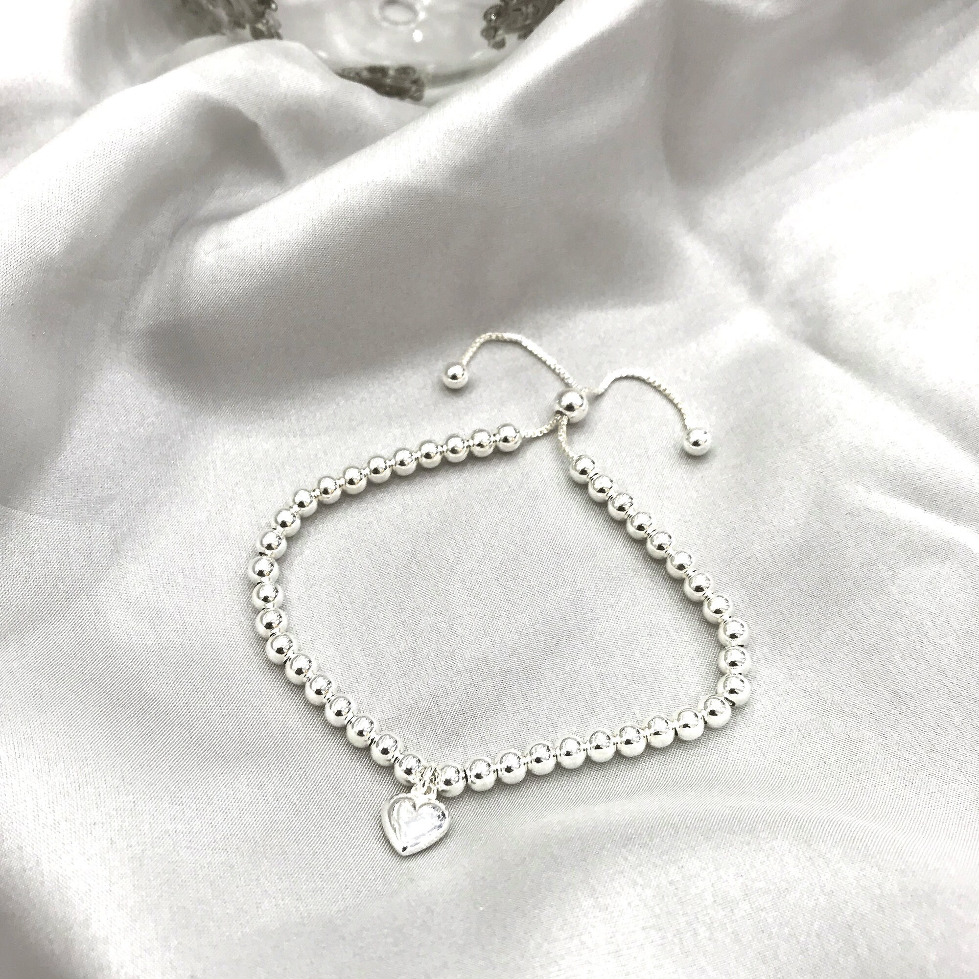 Sterling silver beaded heart adjustable bracelet discount