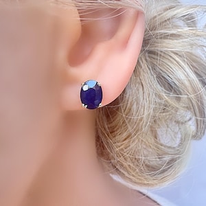 Genuine Blue Sapphire Oval Solitaire 6x8 mm Gold Vermeil on Silver Earrings