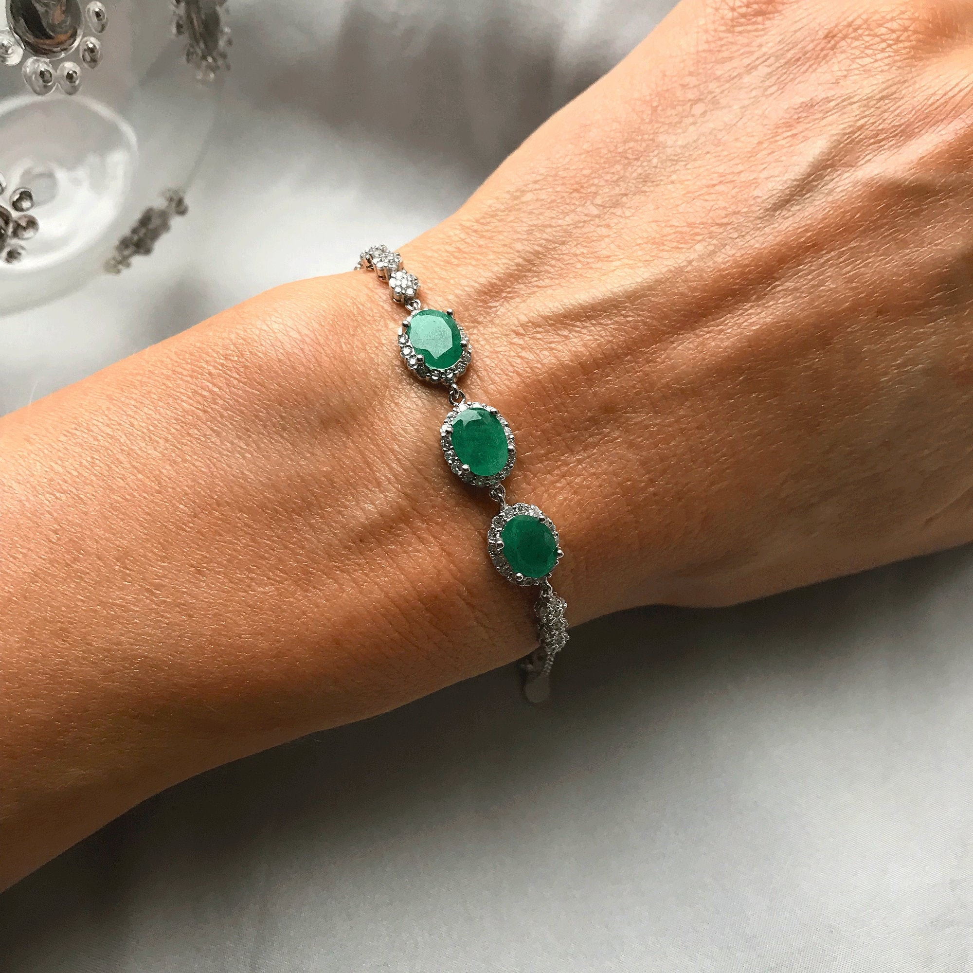 Genuine Emerald 3 Stone Silver Bracelet - Etsy