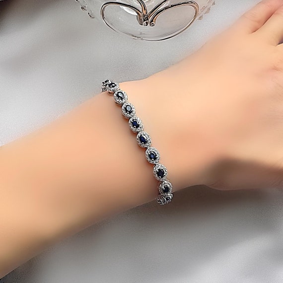 Genuine Sapphire Halo Oval Cut Adjustable Slider Silver Bracelet